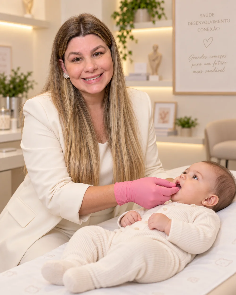 Gabriella Maia avaliando a boca de um bebê no consultório