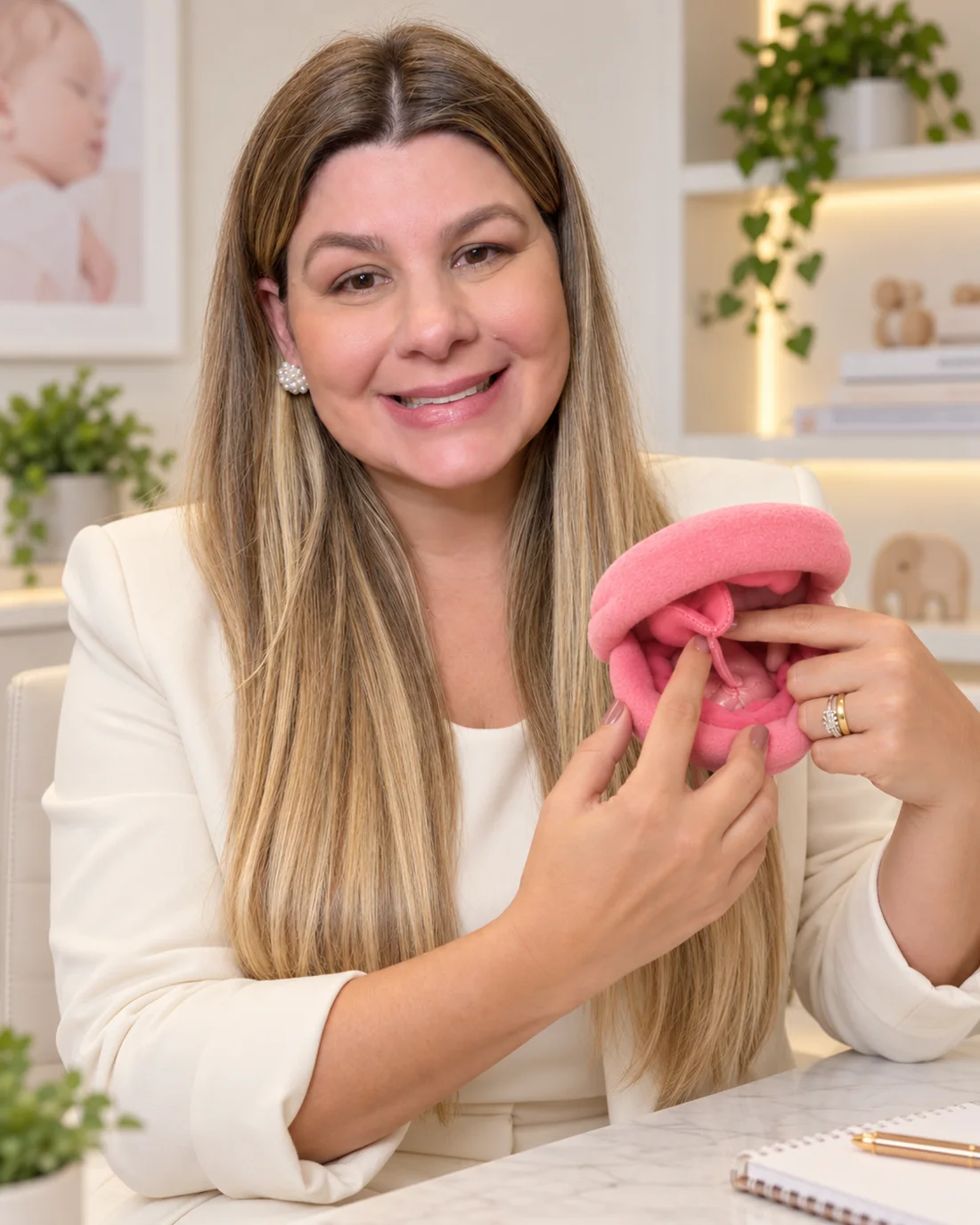 Gabriella Maia, fonoaudióloga, mostra o frênulo lingual em um modelo anatômico de boca